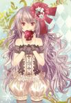 apple bad_id bad_pixiv_id bare_shoulders covering_mouth food frills fruit hair_ornament hairclip holding holding_food holding_fruit jewelry long_hair necklace nozomi_fuuten original pumpkin_pants purple_eyes purple_hair snowflakes solo standing thighhighs very_long_hair wavy_hair 