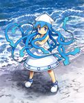  blue_eyes blue_hair bracelet crossed_arms dress hat highres ikamusume jewelry long_hair shinashi_(elside) shinryaku!_ikamusume solo water 
