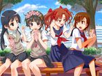  bad_id bad_pixiv_id bench black_hair brown_eyes brown_hair cosplay costume_switch crepe dessert flower food hair_flower hair_ornament head_wreath highres long_hair misaka_mikoto multiple_girls sakugawa_school_uniform saten_ruiko school_uniform serafuku shirai_kuroko short_hair sitting skirt sweater_vest to_aru_kagaku_no_railgun to_aru_majutsu_no_index tokiwadai_school_uniform twintails uiharu_kazari yas_(bejes) 