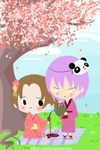  1boy 1girl black_eyes blue_eyes brown_hair couple harvest_moon jamie_(harvest_moon) japanese_clothes kimono paper-sting purple_hair tagme tea tina_(harvest_moon) twintails 