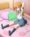  adjusting_hair bad_proportions bed blue_eyes brown_hair igashiko kousaka_kirino long_hair octopus ore_no_imouto_ga_konna_ni_kawaii_wake_ga_nai pillow ponytail school_uniform serafuku solo stuffed_toy 