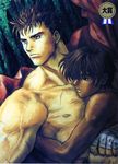  1girl artist_request berserk black_hair casca couple dark_skin guts hetero highres hug muscle nude shirtless 