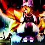  blonde_hair cat chen chen_(cat) dearmybrothers fox_tail hands_in_opposite_sleeves hat multiple_tails nekomata solo tail touhou umbrella yakumo_ran 