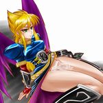  alcohol blonde_hair breasts breath_of_fire breath_of_fire_ii bridal_gauntlets female gradient gradient_background green_eyes long_hair nina_(breath_of_fire_ii) sitting solo tamashabu_(tamasyabu) tamasyabu wakamezake wings 