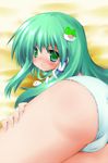  ass ass_focus bed blush cameltoe frog from_behind green_eyes green_hair haetorisou hair_ornament kochiya_sanae lace lace-trimmed_panties looking_back lying on_side panties snake solo topless touhou underwear 