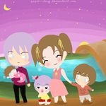  2boys 3girls baby black_eyes blue_eyes brown_hair child couple family hair_bobbles harvest_moon if_they_mated jamie_(harvest_moon) paper-sting purple_hair tina_(harvest_moon) twintails 