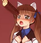  @_@ animal_ears bad_id bad_pixiv_id blush brave_witches brown_eyes brown_hair cat_ears chocolate_banana clenched_hands food georgette_lemare hair_ribbon high_collar long_hair long_sleeves looking_up lowres null_(nyanpyoun) open_mouth red_background ribbon sexually_suggestive solo sweat twintails world_witches_series 