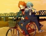  basket bicycle bicycle_basket black_pants blue_eyes blue_hair breath bridge brown_eyes checkered checkered_scarf crossed_legs eating food gakuran ground_vehicle ice_cream inazuma_eleven inazuma_eleven_(series) male_focus mezashi_(mezasi) multiple_boys multiple_riders nagumo_haruya orange_hair outdoors pants popsicle red_shirt riding scarf school_uniform shirt shoes sidesaddle sneakers suzuno_fuusuke white_hair white_shirt yellow_sky 