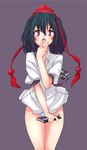  bad_id bad_pixiv_id black_hair blush camera hat looking_at_viewer no_pants numako open_mouth panties red_eyes shameimaru_aya solo striped striped_panties tokin_hat tongue touhou underwear 