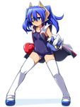  blue_eyes blue_hair boxing_gloves eyepatch horns jitome katami_shinta long_hair one-piece_swimsuit pointy_ears school_swimsuit shinrabanshou shoes solo swimsuit thighhighs tousen'in_kagemitsu uwabaki vest white_legwear 