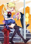  absurdres ahoge bag black_legwear blonde_hair blue_eyes bow candy car cellphone cellphone_charm cellphone_strap chain fire_hydrant food grisaia_(series) grisaia_no_kajitsu ground_vehicle highres lamborghini legs loafers lollipop long_hair long_legs matsushima_michiru motor_vehicle mouth_hold phone scan school_bag school_uniform shoes sitting skirt solo thighhighs twintails watanabe_akio wrist_cuffs zettai_ryouiki 