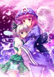  bad_id bad_pixiv_id blue_eyes blush bug butterfly cherry_blossoms ghost hairband hat hug insect konpaku_youmu konpaku_youmu_(ghost) multiple_girls nagatsuki_towa petals pink_eyes pink_hair saigyouji_yuyuko silver_hair touhou 