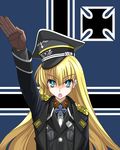  alice_soft aqua_eyes blonde_hair blue_eyes cross daiteikoku female gloves hat long_hair military military_uniform nazi open_mouth peaked_cap retia_adolf salute solo sumeramikusa uniform 