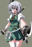  bandages black_hairband blue_eyes dual_wielding foreshortening grey_background grimace hairband holding konpaku_youmu short_hair silver_hair simple_background skirt solo sword touhou vatanen vest weapon 