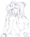  2boys axel blush bound bound_wrists boy_rape earrings flaccid jewelry kingdom_hearts leg_lift legs_held_open long_hair male male_focus monochrome multiple_boys muscle nude on_lap outline penis pubic_hair rape restrained saix sex shock sitting spread_legs surprised yaoi 