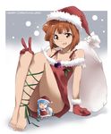  aizawa_eiko bare_legs bare_shoulders barefoot brown_eyes brown_hair censored chibi christmas convenient_censoring feet gloves hat ikamusume kaiga leg_ribbon long_legs mini-ikamusume minigirl multiple_girls red_gloves ribbon santa_costume santa_hat shinryaku!_ikamusume short_hair v 