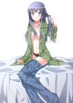  :3 aqua_eyes bad_id bad_pixiv_id black_panties blue_eyes blue_hair breasts cleavage denim eyewear_removed glasses highres jeans long_hair makishima_saori medium_breasts mouth_hold navel no_bra open_clothes open_shirt ore_no_imouto_ga_konna_ni_kawaii_wake_ga_nai panties pants pants_pull shirt smile solo spoilers swordsouls underwear undressing 