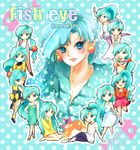  androgynous ballet barefoot bishoujo_senshi_sailor_moon blue_eyes blue_hair character_name chibi costume_chart facial_tattoo fish_eye_(sailor_moon) long_hair low-tied_long_hair male_focus otoko_no_ko pantyhose pointy_ears polka_dot polka_dot_background tattoo torao_(torakmn) tutu 