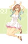  :d arms_up brown_eyes brown_hair bunny_pose cropped_jacket dress hairband heart legs midair open_mouth original sandals sasetsu short_dress short_sleeves smile solo 