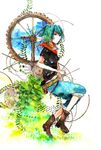  alternate_costume aqua_hair bandana belt boots capri_pants contemporary gears goggles goggles_around_neck green_eyes highres kawashiro_nitori key pants sakuma shirt short_hair short_sleeves sitting sketch solo t-shirt touhou twintails two_side_up wrench 