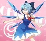  1girl blue_eyes blue_hair bow cirno dress hair_bow k-kun pointing short_hair smile solo touhou wings 