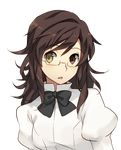  bow bowtie brown_eyes brown_hair glasses heterochromia katawa_shoujo long_hair ooe_natsume open_mouth puffy_sleeves ribbon school_uniform solo transparent_background weee_(raemz) yellow_eyes 