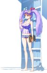  alternate_hairstyle bangs barefoot blunt_bangs book breasts camisole cleavage crescent crescent_hair_ornament feet food hair_ornament hakui_ami holding holding_book large_breasts long_hair long_legs patchouli_knowledge popsicle purple_eyes purple_hair short_shorts shorts solo standing striped touhou twintails 
