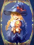  blonde_hair bow_(bhp) damaged doll hair_over_one_eye hat highres original robe solo stuffed_toy stuffing witch_hat yellow_eyes 