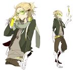  arm_at_side belt blonde_hair boots brown_pants bubble_blowing cable casual cellphone chewing_gum cropped_torso cross cross_necklace dissolving dylan_keith earrings flip_phone gloves green_eyes green_jacket green_scarf grey_shirt half_updo headphones headphones_around_neck headset holding holding_phone inazuma_eleven inazuma_eleven_(series) jacket jewelry jitome knee_boots long_sleeves looking_at_viewer looking_away male_focus multiple_views necklace open_hand outstretched_hand pants phone scarf shirt simple_background standing sunglasses suou transparent white_background white_footwear white_gloves 