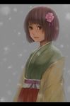  blue_eyes flower hieda_no_akyuu highres japanese_clothes letterboxed lips mamepon purple_hair short_hair snow solo touhou 