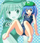  barefoot blue_eyes blue_hair breasts covered_nipples hair_bobbles hair_ornament hat kawashiro_nitori kondou_ryunosuke one-piece_swimsuit school_swimsuit short_hair small_breasts solo swimsuit touhou twintails two_side_up zoom_layer 