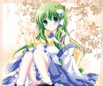  aqua_eyes bad_id bad_pixiv_id blush detached_sleeves frog green_hair hair_ornament kochiya_sanae long_hair scarf snake snowflakes solo touhou white-brown 