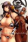  animal_ears animal_print bell bell_collar bikini breasts brown_hair collar cow_bell cow_ears cow_girl cow_horns cow_print curvy dark_skin detached_sleeves earrings ebine highres horns huge_breasts jewelry long_hair multiple_girls navel original pointy_ears short_hair silver_hair slingshot_swimsuit swimsuit tail wide_hips 