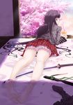  ass barefoot black_hair cherry_blossoms fantasy_earth_zero feet foreshortening from_behind highres katana kneepits long_hair looking_back lying on_stomach panties pantyshot petals plaid plaid_skirt purple_eyes ryouku shade skirt soles solo sword toes underwear very_long_hair vial weapon 