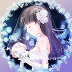  amagami argon ayatsuji_tsukasa black_hair bouquet closed_eyes dress elbow_gloves flower gloves long_hair solo veil wedding_dress 