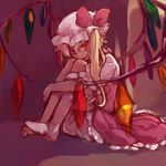  feet_up flandre_scarlet full_body hat knees_up leg_hug lowres side_ponytail sitting sketch solo toe_scrunch tomobe_kinuko touhou wings 