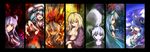  blonde_hair blue_hair breasts column_lineup ex-keine fujiwara_no_mokou hair_over_breasts highres hinanawi_tenshi horns innelysion kamishirasawa_keine katana konpaku_youmu konpaku_youmu_(ghost) long_image medium_breasts multiple_girls no_hat no_headwear open_clothes open_shirt rainbow_order remilia_scarlet shinki shirt side_ponytail silver_hair sword touhou weapon wide_image yakumo_yukari 