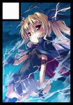  bardiche belt black_border blonde_hair border cape circle_cut electricity fate_testarossa gloves hair_ribbon lyrical_nanoha mahou_shoujo_lyrical_nanoha night night_sky nio_(einhorn) red_eyes ribbon sky solo thighhighs twintails 