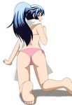  anifamu ass bad_id bad_pixiv_id bikini blue_eyes blue_hair kneeling long_hair looking_back nurarihyon_no_mago ponytail side-tie_bikini solo swimsuit towel yuki_onna_(nurarihyon_no_mago) 