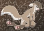  4_toes anthro anus backsack balls biped canid canine chest_tuft claws digital_media_(artwork) digitigrade eyebrows facial_markings fox fur hair humanoid_hands kneeling male mammal markings nude pawpads shy side_view signature simple_background skelbely smile solo toe_claws toes tuft 