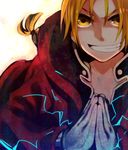  bad_id bad_pixiv_id blonde_hair braid coat edward_elric energy fullmetal_alchemist gloves grin hands hood light male_focus open_clothes open_coat ponytail smile solo teeth white_gloves yellow_eyes yomimatigai 