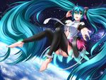  anklet aqua_eyes aqua_hair barefoot earth hatsune_miku hatsune_miku_(append) jewelry long_hair navel necktie outstretched_arm outstretched_hand smile solo toeless_legwear twintails very_long_hair vocaloid vocaloid_append windtalker 