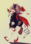  bad_id bad_pixiv_id fang head_wings highres horns japanese_clothes kimono multicolored_hair oshino_hazure red_eyes red_wings short_hair single_head_wing slippers solo tokiko_(touhou) touhou wings 