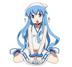  bare_shoulders blue_eyes blue_hair dress eating food frown hat ikamusume kizaki long_hair shinryaku!_ikamusume shrimp simple_background sitting solo tentacle_hair wariza 