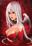  blood breasts choker cleavage elbow_gloves eyeliner gloves highres large_breasts lipstick long_hair makeup original red_eyes solo tattoo upper_body white_hair wings yaichino 