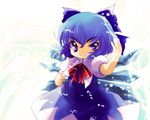  blue_eyes blue_hair bow cirno clenched_hand fighting_stance hair_bow highres open_mouth solo touhou uneven_eyes wings yume_shokunin 