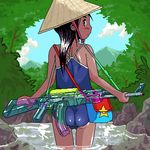  ass bad_id bad_pixiv_id bag bakunja competition_school_swimsuit dark_skin gun handbag hat lowres one-piece_swimsuit original parody pixel_art rice_hat school_swimsuit solo swimsuit vietnam water water_gun weapon 