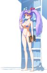  alternate_hairstyle bangs barefoot bikini blunt_bangs book breasts bursting_breasts cleavage crescent crescent_hair_ornament food hair_ornament hakui_ami highleg highleg_bikini highleg_swimsuit holding holding_book large_breasts legs long_hair long_legs patchouli_knowledge popsicle purple_eyes purple_hair solo standing string_bikini striped striped_bikini striped_swimsuit swimsuit touhou twintails 