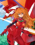  bad_id bad_pixiv_id blue_eyes bodysuit brown_hair cloud day eva_02 harunoibuki long_hair mecha middle_finger neon_genesis_evangelion plugsuit shikinami_asuka_langley skin_tight souryuu_asuka_langley 