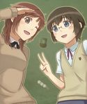  akito_(akitotika) amagami black_eyes blush brown_hair crossover kibito_high_school_uniform multiple_girls one_eye_closed open_mouth ore_no_imouto_ga_konna_ni_kawaii_wake_ga_nai sakurai_rihoko school_uniform short_hair sweater sweater_vest tamura_manami v 